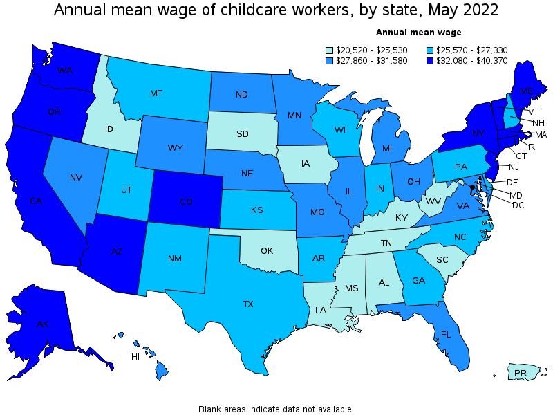 Map of annual mean wages of childcare workers by state, May 2022