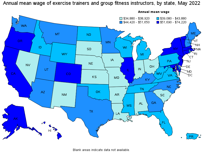Map of annual mean wages of exercise trainers and group fitness instructors by state, May 2022