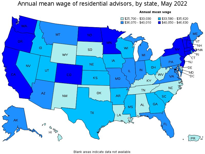 Map of annual mean wages of residential advisors by state, May 2022