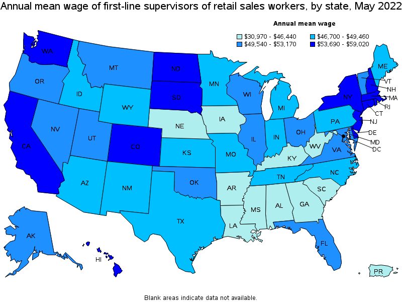 Map of annual mean wages of first-line supervisors of retail sales workers by state, May 2022