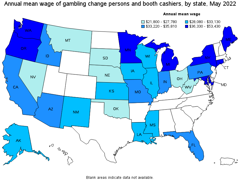 Map of annual mean wages of gambling change persons and booth cashiers by state, May 2022