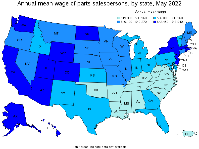 Map of annual mean wages of parts salespersons by state, May 2022