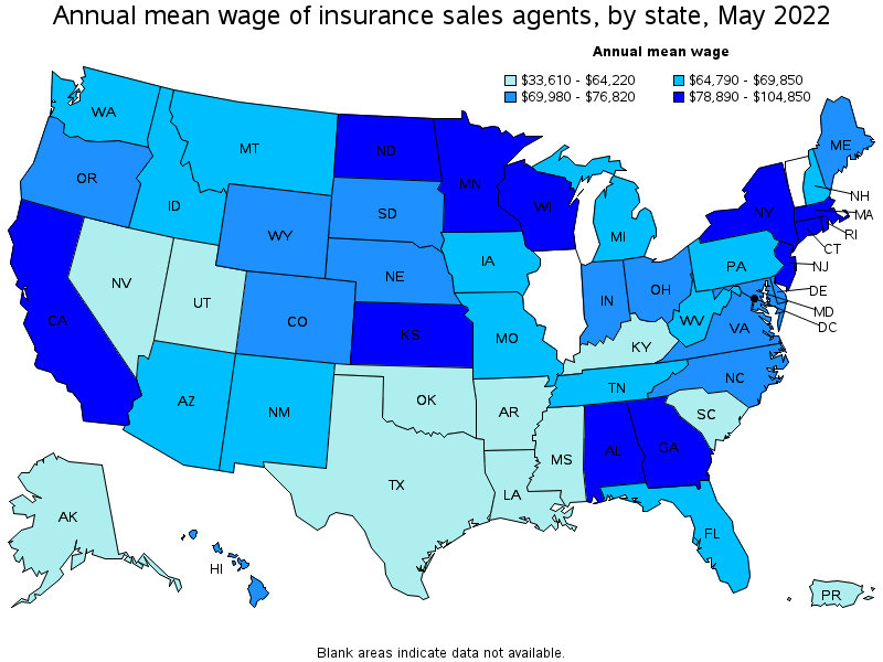 Map of annual mean wages of insurance sales agents by state, May 2022