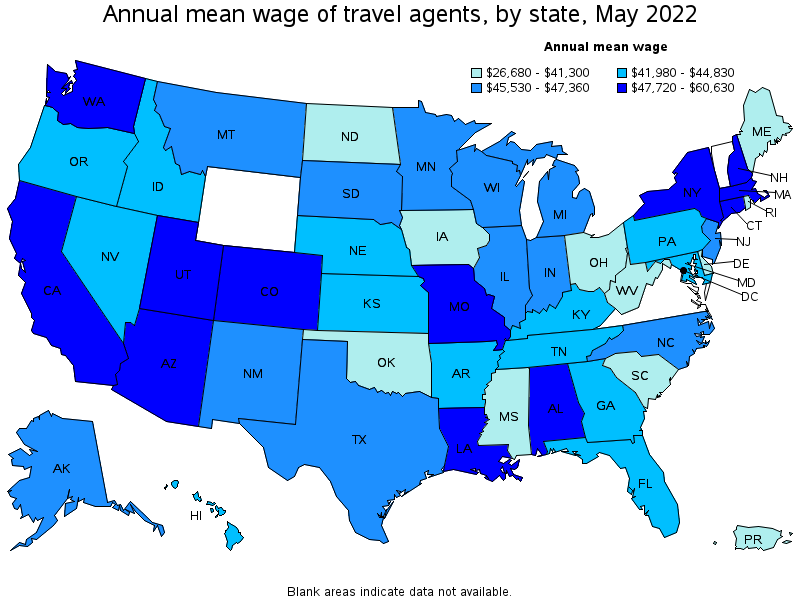 Map of annual mean wages of travel agents by state, May 2022