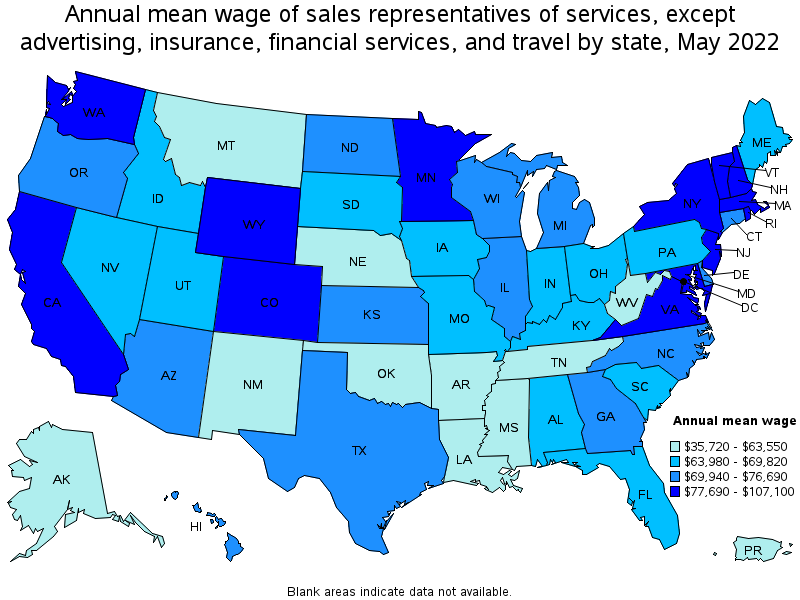 Map of annual mean wages of sales representatives of services, except advertising, insurance, financial services, and travel by state, May 2022