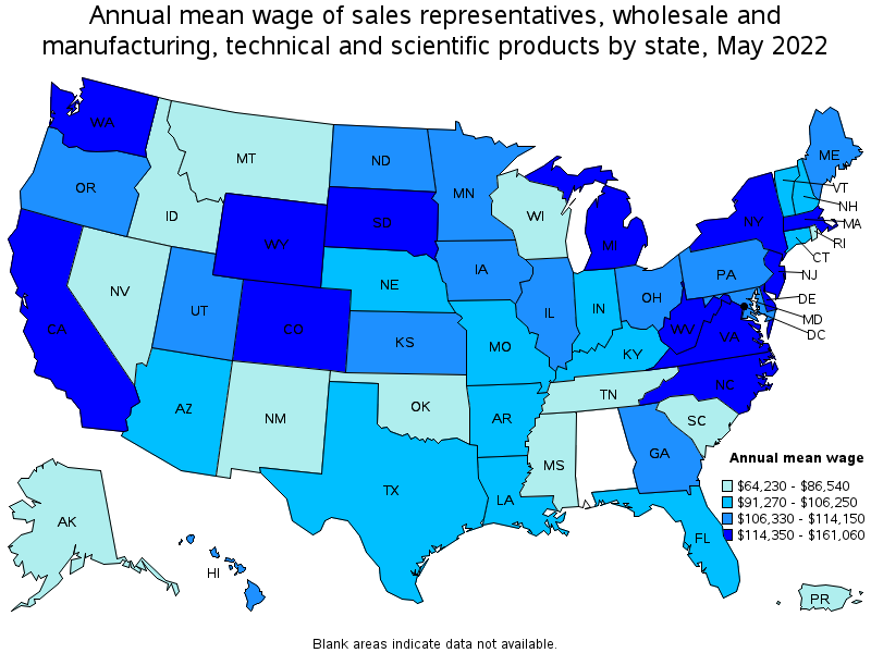 Map of annual mean wages of sales representatives, wholesale and manufacturing, technical and scientific products by state, May 2022