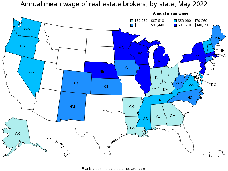 Map of annual mean wages of real estate brokers by state, May 2022