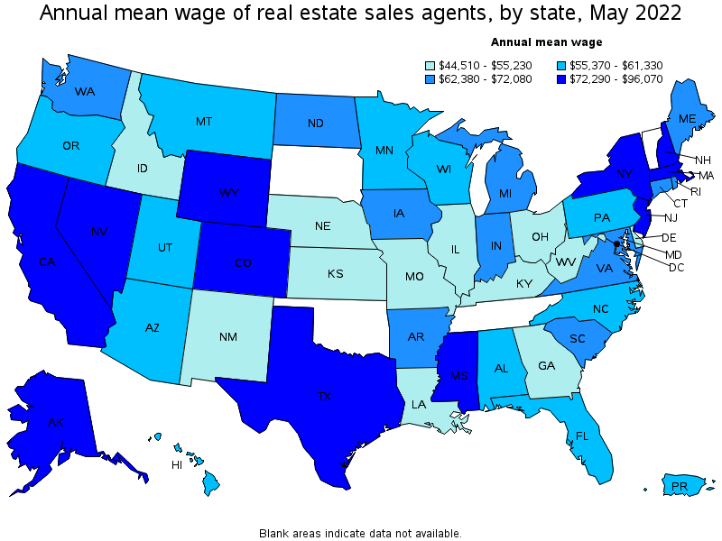 Map of annual mean wages of real estate sales agents by state, May 2022