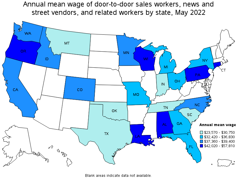 Map of annual mean wages of door-to-door sales workers, news and street vendors, and related workers by state, May 2022