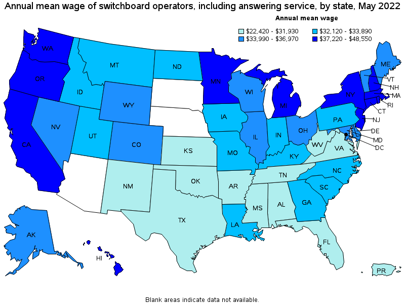 Map of annual mean wages of switchboard operators, including answering service by state, May 2022