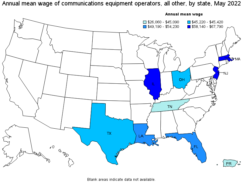 Map of annual mean wages of communications equipment operators, all other by state, May 2022
