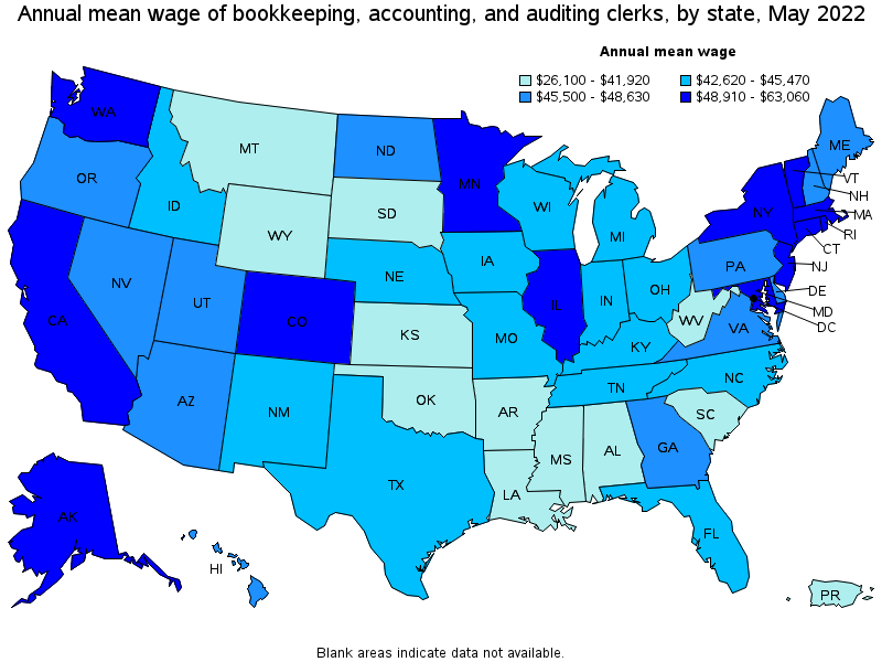 Map of annual mean wages of bookkeeping, accounting, and auditing clerks by state, May 2022