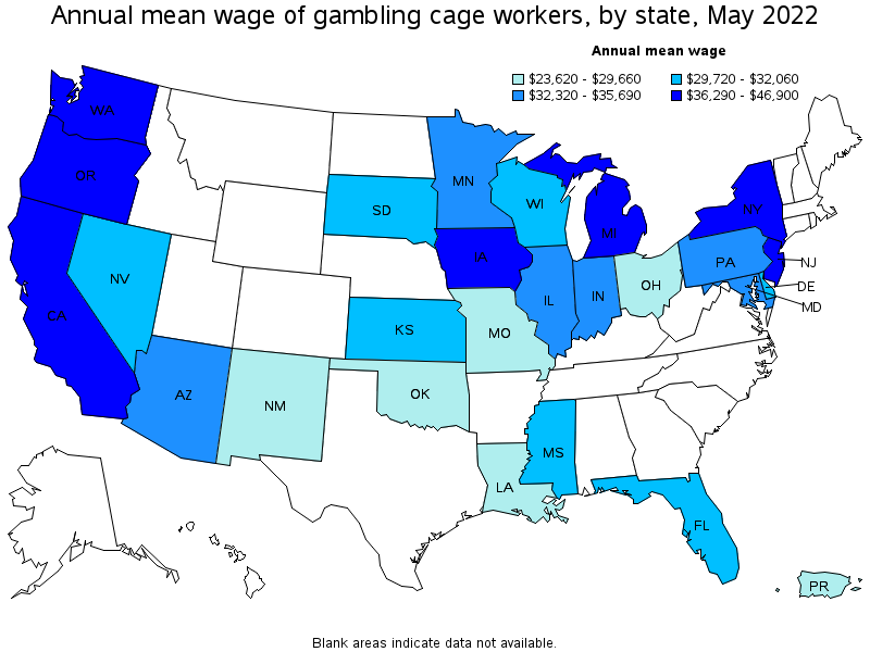 Map of annual mean wages of gambling cage workers by state, May 2022