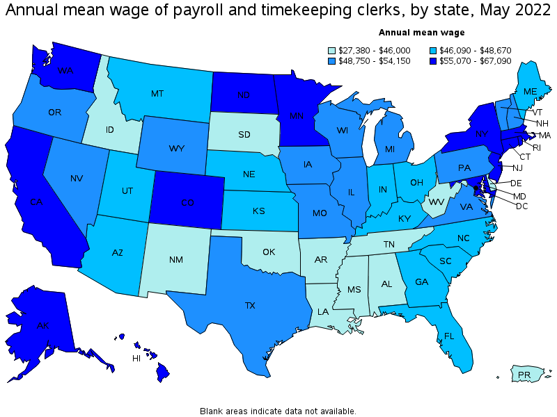 Map of annual mean wages of payroll and timekeeping clerks by state, May 2022