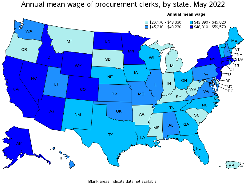 Map of annual mean wages of procurement clerks by state, May 2022