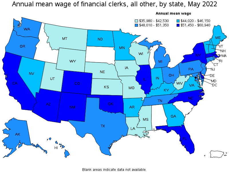 Map of annual mean wages of financial clerks, all other by state, May 2022