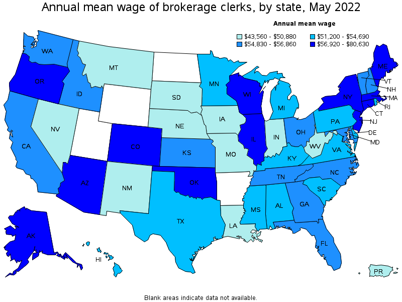 Map of annual mean wages of brokerage clerks by state, May 2022
