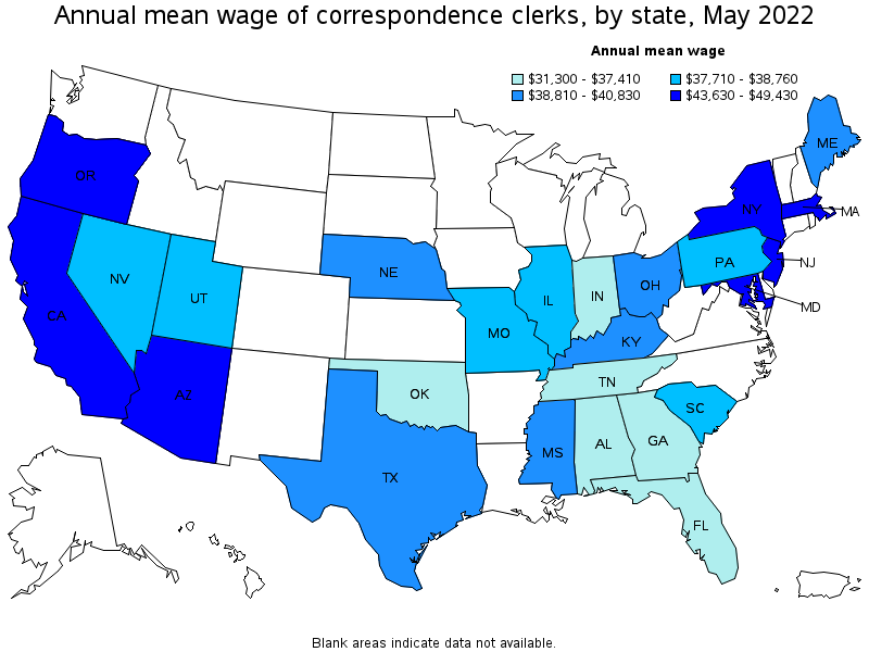 Map of annual mean wages of correspondence clerks by state, May 2022
