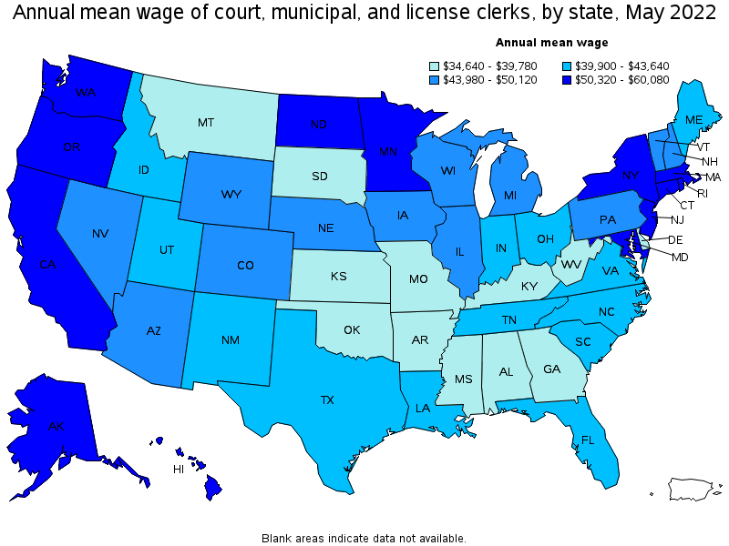Map of annual mean wages of court, municipal, and license clerks by state, May 2022
