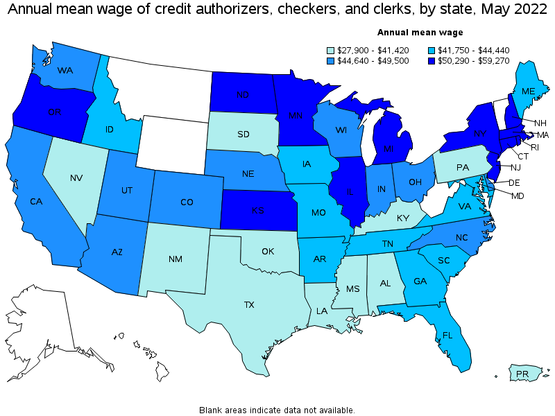 Map of annual mean wages of credit authorizers, checkers, and clerks by state, May 2022
