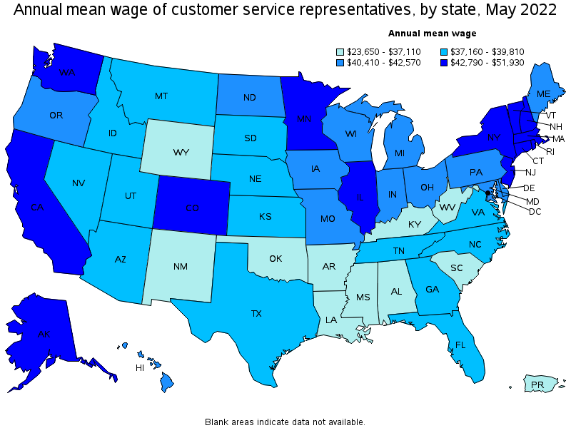 Map of annual mean wages of customer service representatives by state, May 2022