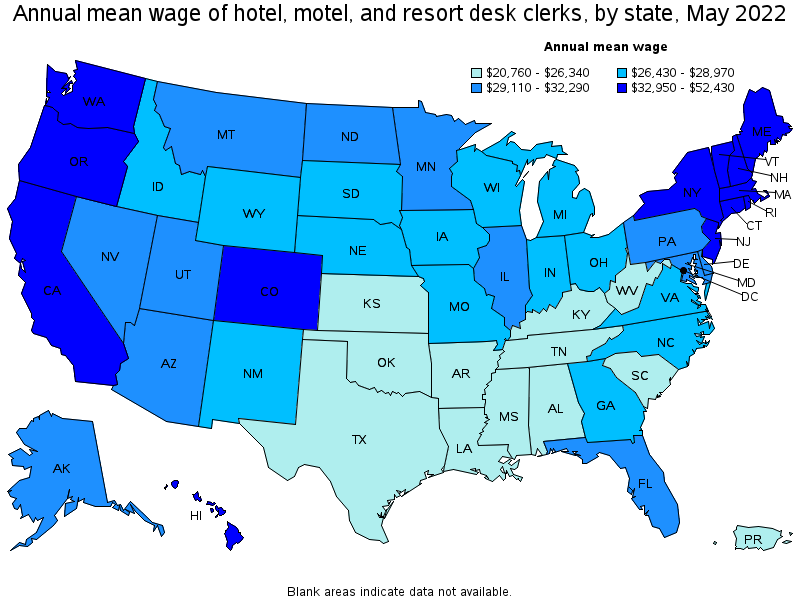 Map of annual mean wages of hotel, motel, and resort desk clerks by state, May 2022