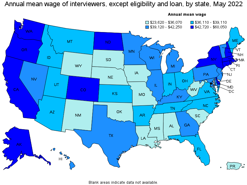 Map of annual mean wages of interviewers, except eligibility and loan by state, May 2022