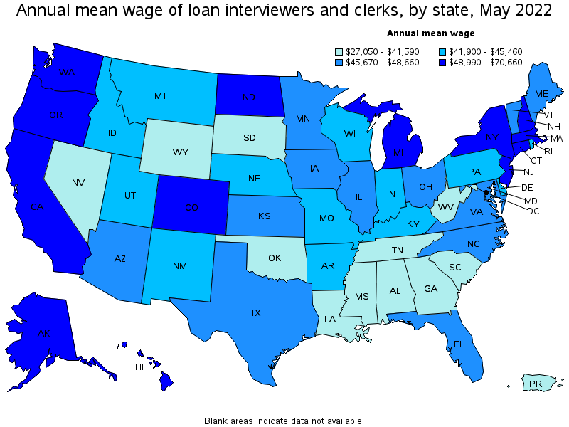 Map of annual mean wages of loan interviewers and clerks by state, May 2022
