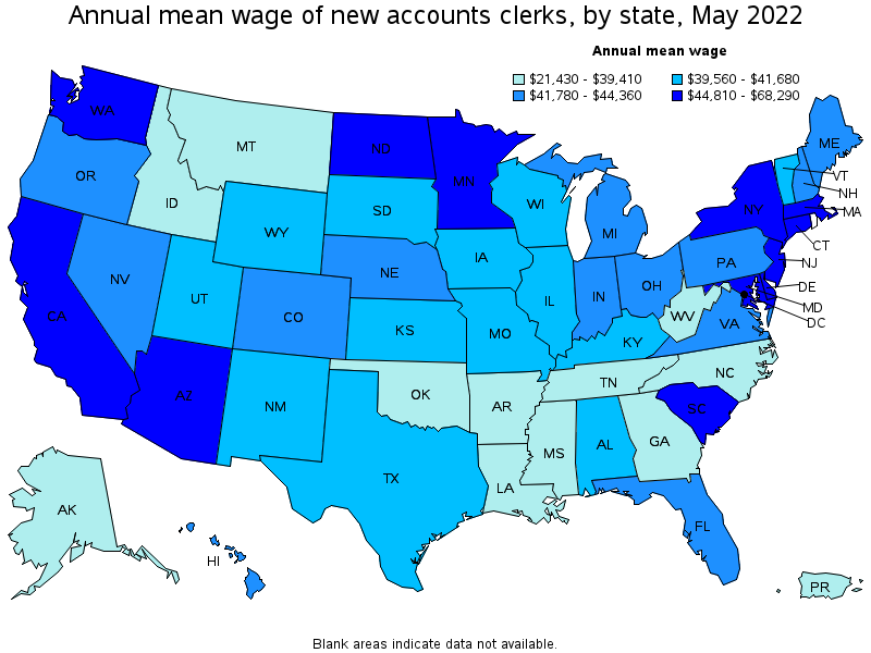 Map of annual mean wages of new accounts clerks by state, May 2022