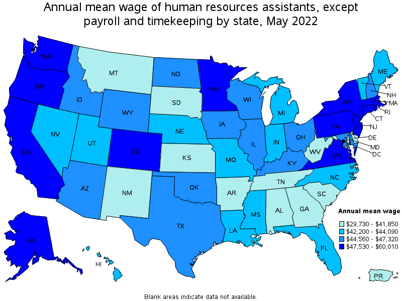 Map of annual mean wages of human resources assistants, except payroll and timekeeping by state, May 2022