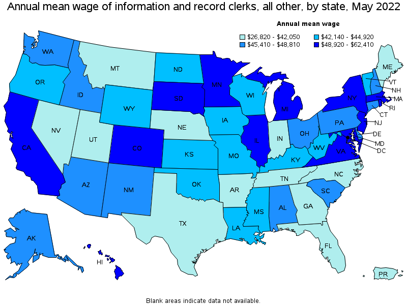 Map of annual mean wages of information and record clerks, all other by state, May 2022