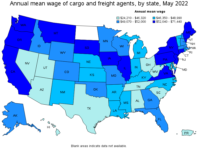 Map of annual mean wages of cargo and freight agents by state, May 2022