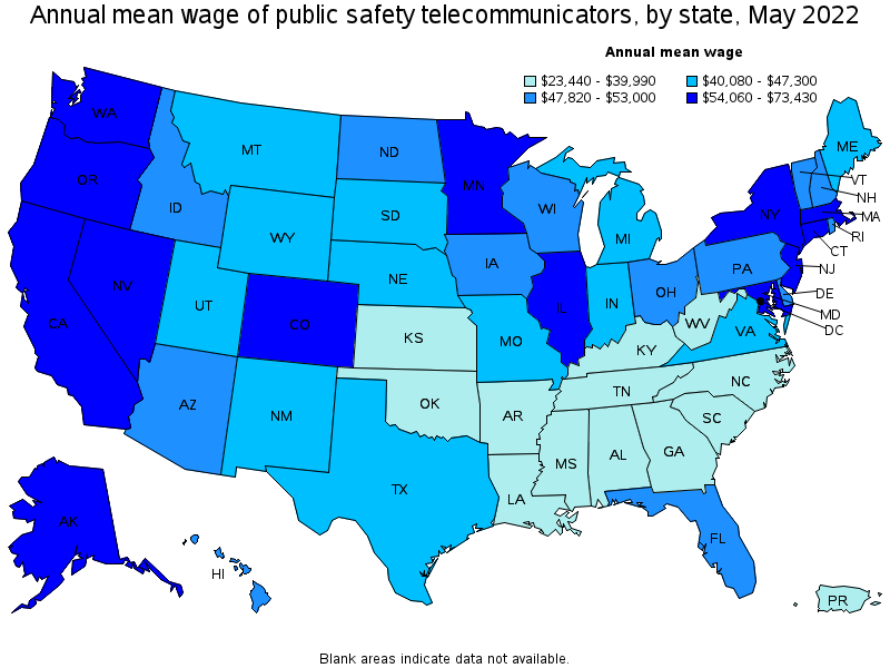 Map of annual mean wages of public safety telecommunicators by state, May 2022