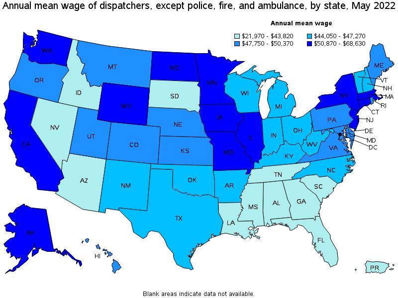 Map of annual mean wages of dispatchers, except police, fire, and ambulance by state, May 2022