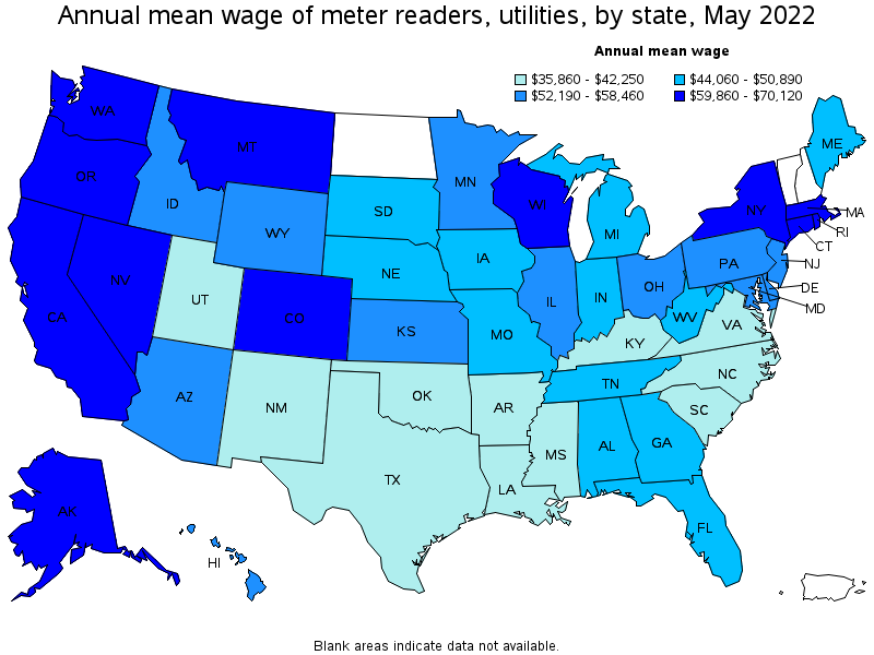 Map of annual mean wages of meter readers, utilities by state, May 2022
