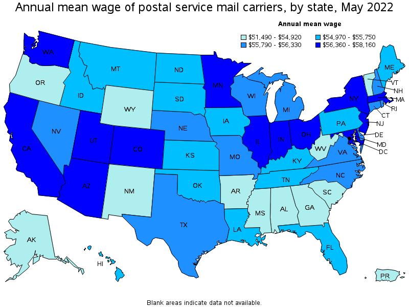 Map of annual mean wages of postal service mail carriers by state, May 2022