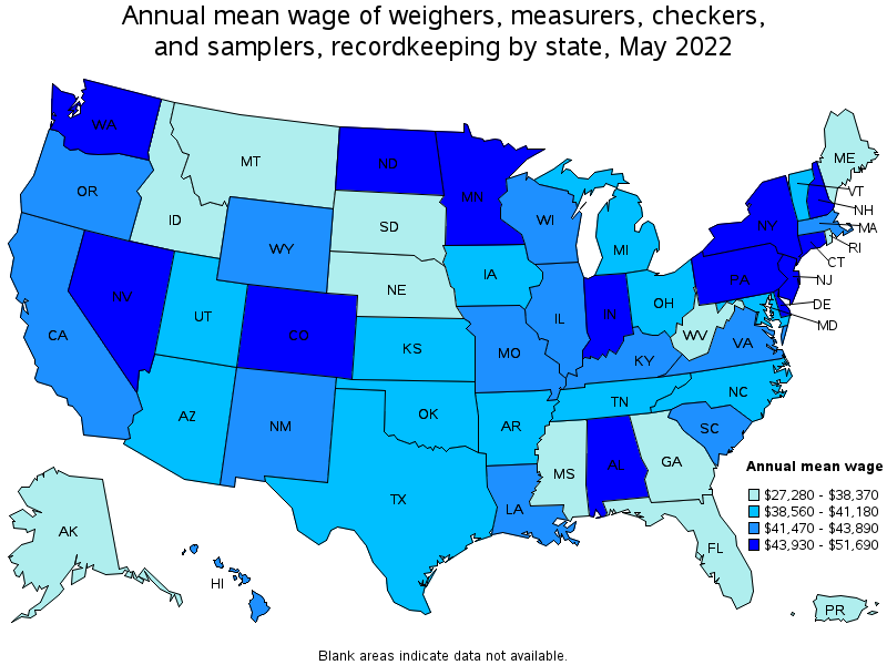 Map of annual mean wages of weighers, measurers, checkers, and samplers, recordkeeping by state, May 2022