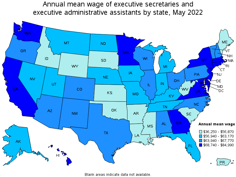 Map of annual mean wages of executive secretaries and executive administrative assistants by state, May 2022