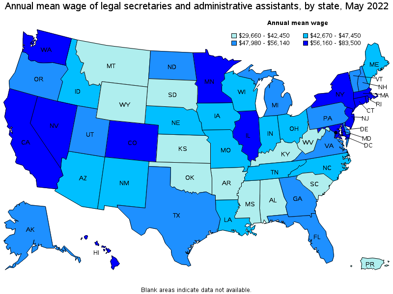 Map of annual mean wages of legal secretaries and administrative assistants by state, May 2022