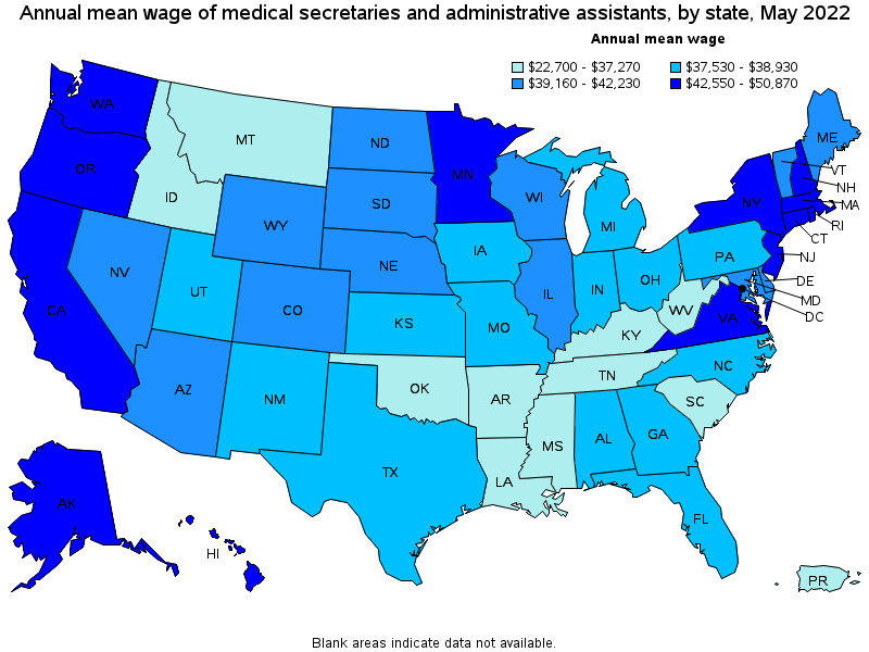 Map of annual mean wages of medical secretaries and administrative assistants by state, May 2022