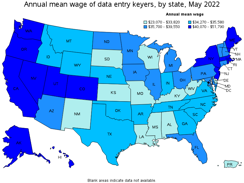 Map of annual mean wages of data entry keyers by state, May 2022