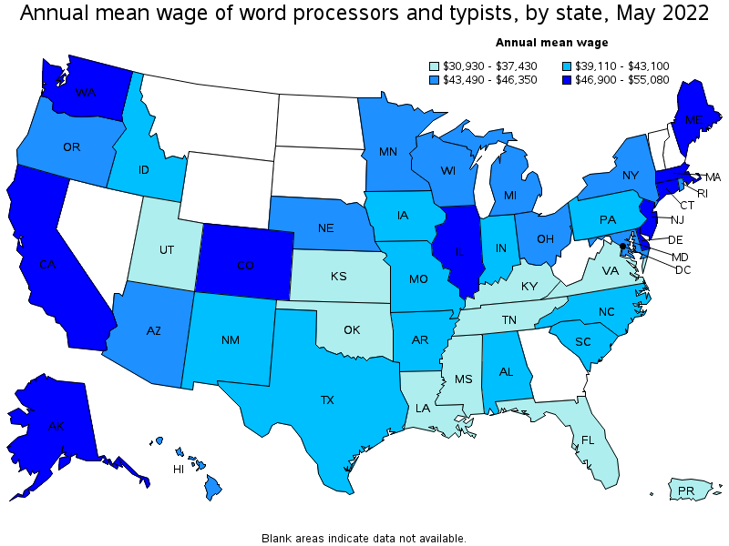 Map of annual mean wages of word processors and typists by state, May 2022