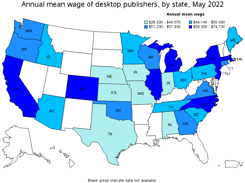 Map of annual mean wages of desktop publishers by state, May 2022