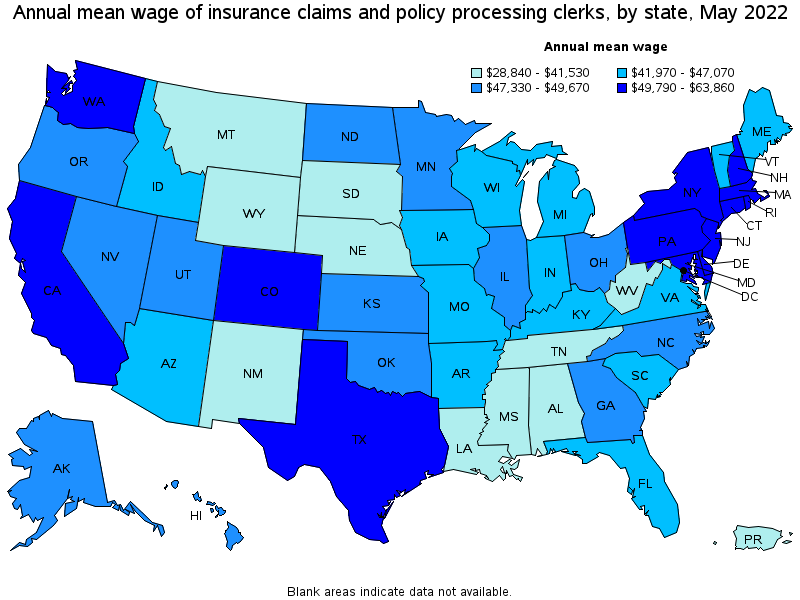 Map of annual mean wages of insurance claims and policy processing clerks by state, May 2022