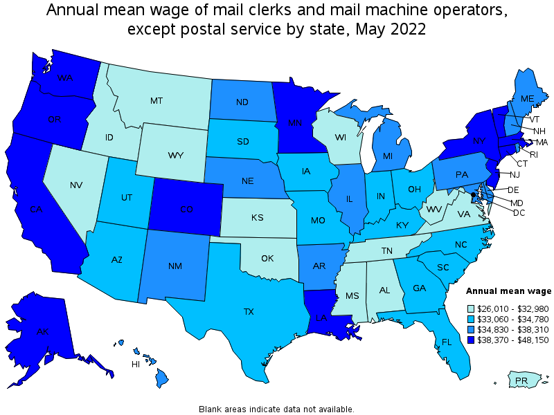 Map of annual mean wages of mail clerks and mail machine operators, except postal service by state, May 2022