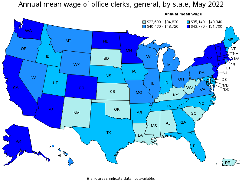 Map of annual mean wages of office clerks, general by state, May 2022