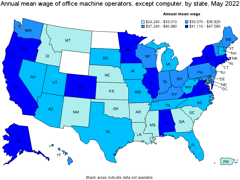 Map of annual mean wages of office machine operators, except computer by state, May 2022