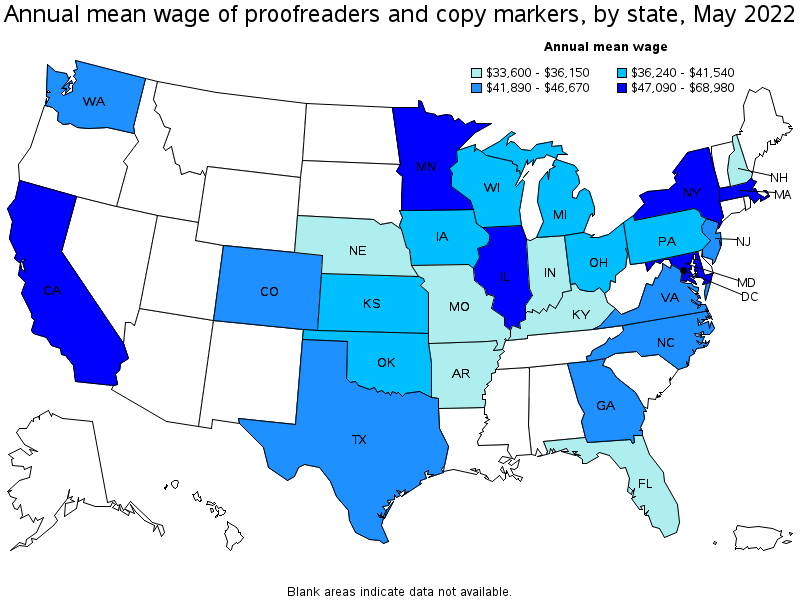 Map of annual mean wages of proofreaders and copy markers by state, May 2022
