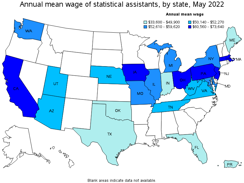 Map of annual mean wages of statistical assistants by state, May 2022