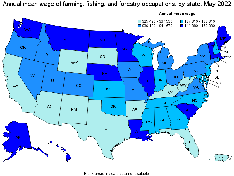 Map of annual mean wages of farming, fishing, and forestry occupations by state, May 2022